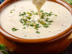 Mexican White Cheese Dip 50 A tortilla chip being dipped into creamy Mexican White Cheese Dip topped with fresh cilantro in a rustic brown bowl.