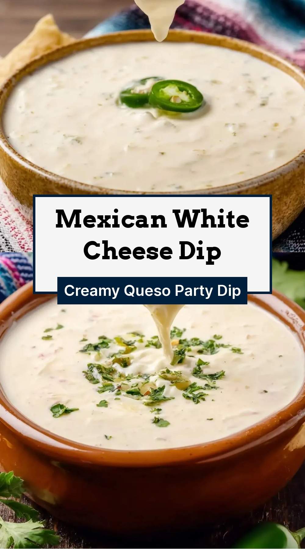 finished Mexican white cheese dip in a white bowl surrounded by tortilla chips and fresh garnishes