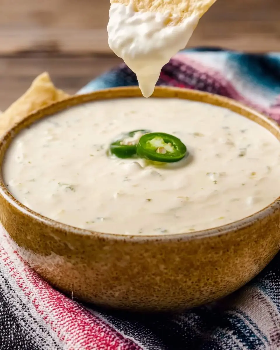 creamy white cheese dip being stirred in a pot with green chiles visible