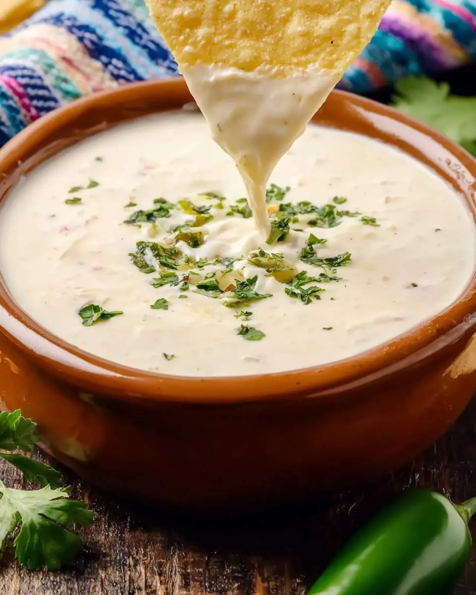 A tortilla chip being dipped into creamy Mexican White Cheese Dip topped with fresh cilantro in a rustic brown bowl.