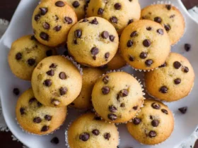 Mini Chocolate Chip Muffins 41 A white plate piled high with golden Mini Chocolate Chip Muffins dotted with melty chocolate chips.