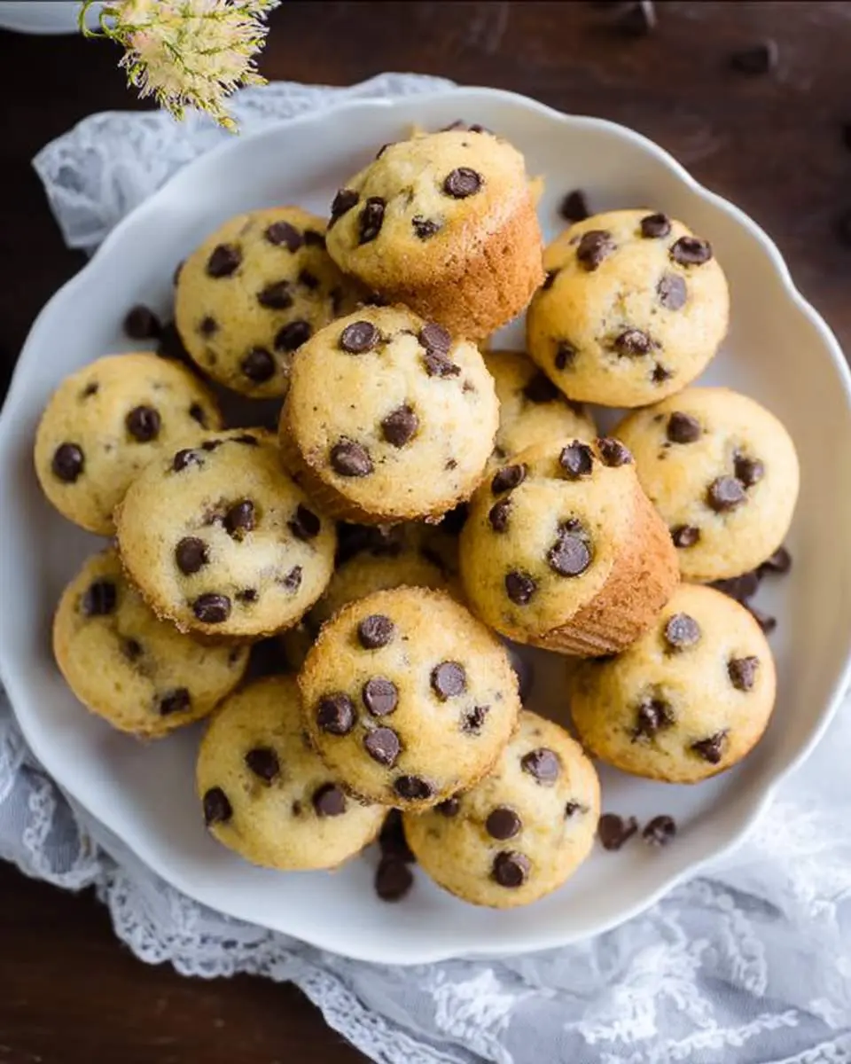 Freshly baked mini muffins cooling on a wire rack with chocolate chips visible on top