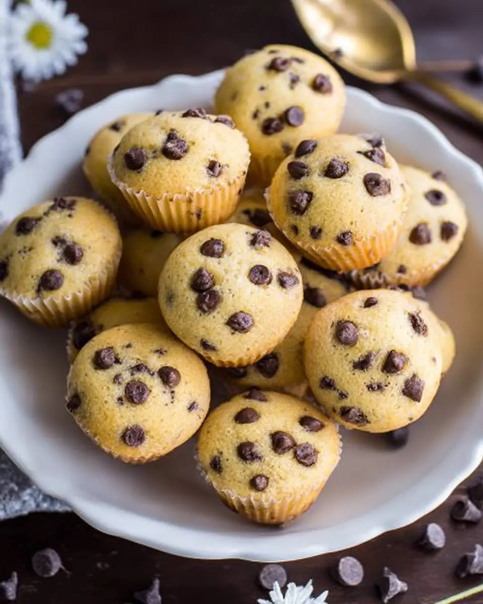Mini chocolate chip muffins ingredients arranged on a wooden board with measuring cups and chocolate chips