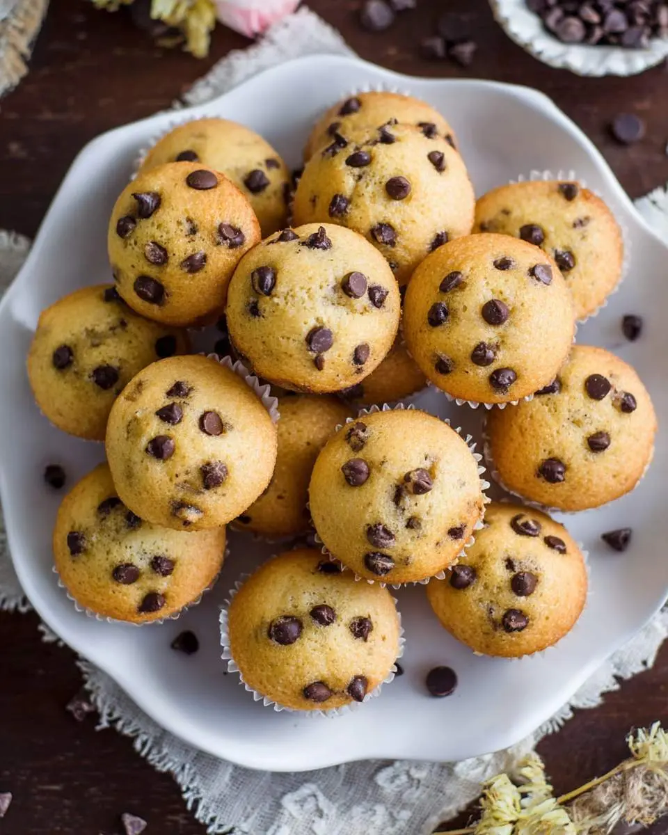 A white plate piled high with golden Mini Chocolate Chip Muffins dotted with melty chocolate chips.
