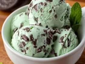 A bowl of creamy Mint Oreo Ice Cream topped with chocolate cookie chunks and fresh mint leaves.