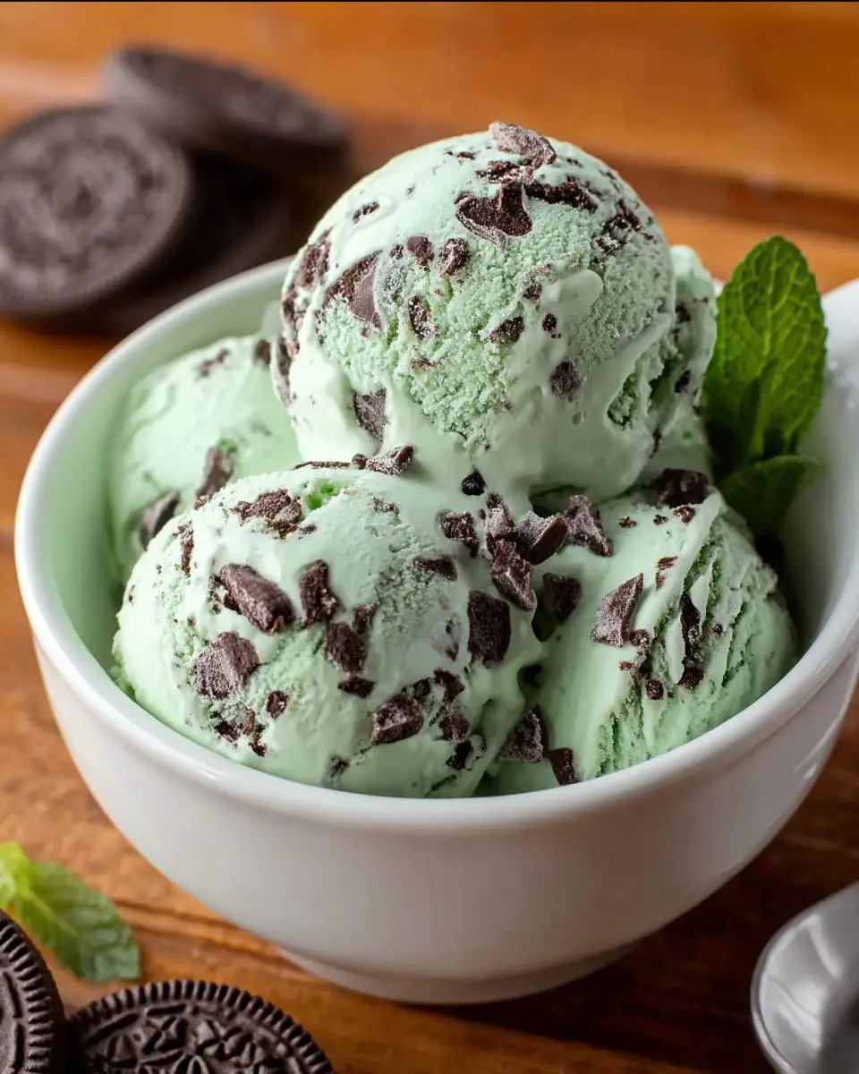 A bowl of creamy Mint Oreo Ice Cream topped with chocolate cookie chunks and fresh mint leaves.