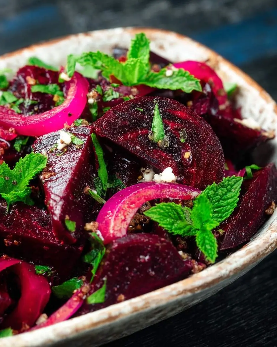 Moroccan Beet Salad with sliced beets, red onions, fresh mint, and spices in a rustic ceramic bowl.