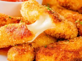 Mozzarella Sticks with Marinara 44 Golden crispy Mozzarella Sticks with Marinara sauce, one pulled apart to show melted cheese stretching.