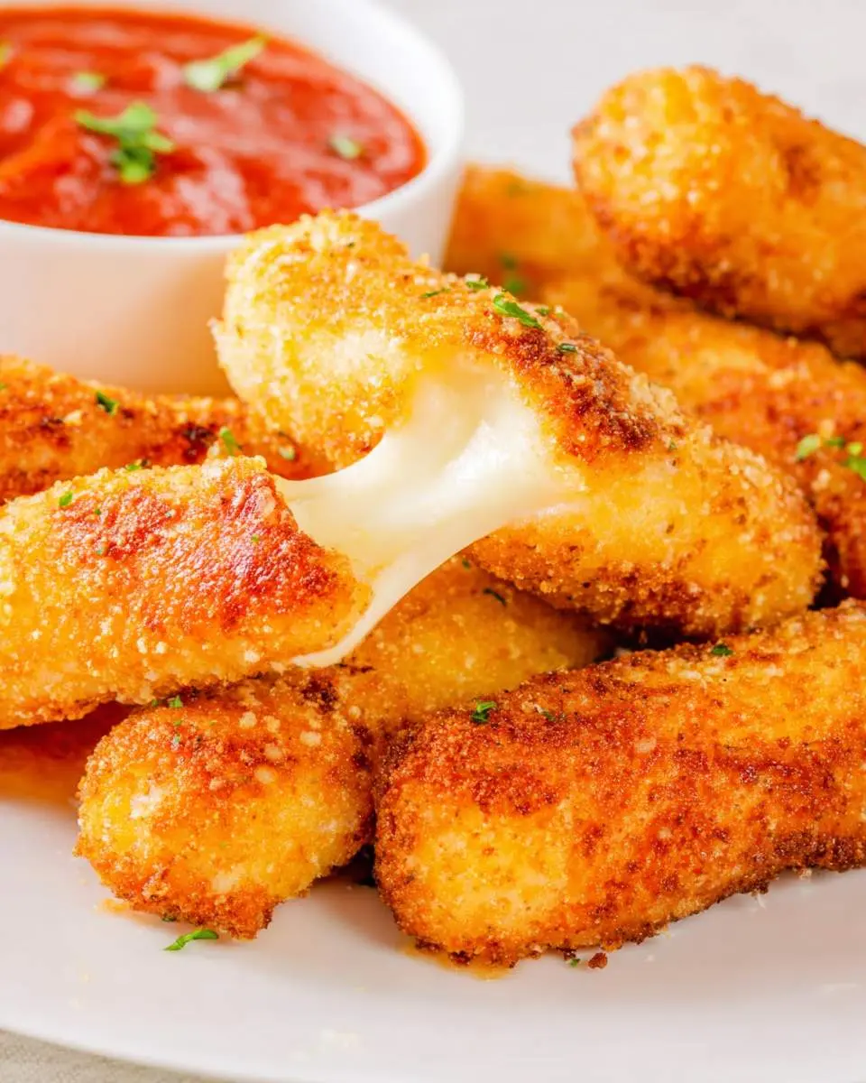 Mozzarella Sticks with Marinara 28 Golden crispy Mozzarella Sticks with Marinara sauce, one pulled apart to show melted cheese stretching.
