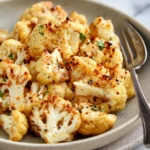 Golden brown Mustard Roasted Cauliflower florets garnished with fresh herbs in a ceramic bowl with a fork.