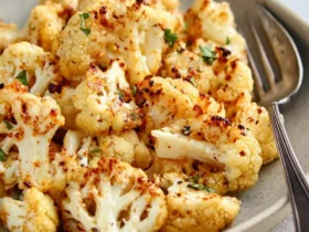 Golden brown Mustard Roasted Cauliflower florets garnished with fresh herbs in a ceramic bowl with a fork.