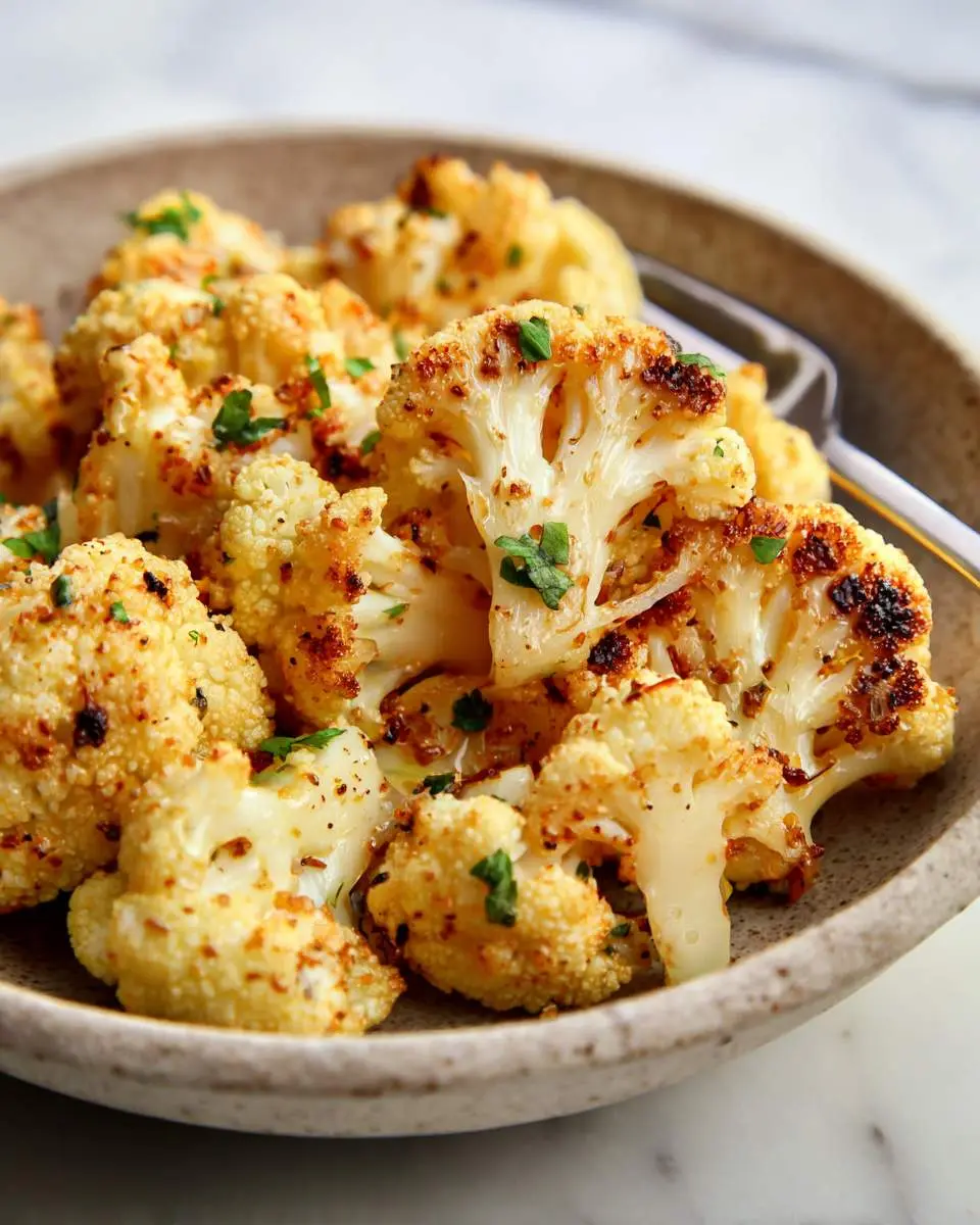 Mustard Roasted Cauliflower 26 roasted cauliflower florets with golden mustard coating on a baking sheet