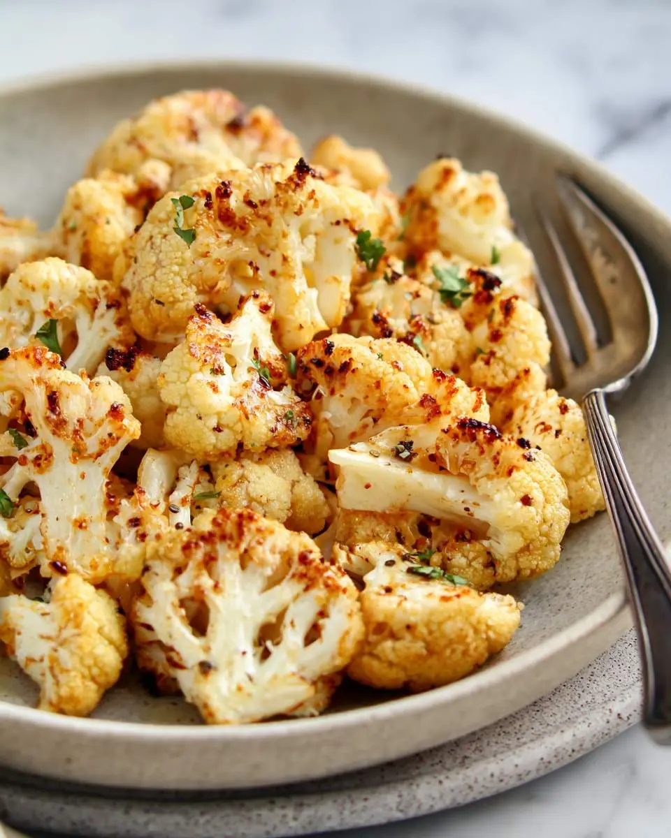 Mustard Roasted Cauliflower 28 Golden brown Mustard Roasted Cauliflower florets garnished with fresh herbs in a ceramic bowl with a fork.