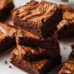 Stack of fudgy Nutella Swirl Fudgy Brownies Recipe with glossy swirled tops on white marble.