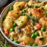 A creamy One Pot Gnocchi Chicken Pot Pie served in a rustic bowl with golden gnocchi, peas, carrots, and fresh thyme.