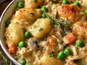 One Pot Gnocchi Chicken Pot Pie 46 A creamy One Pot Gnocchi Chicken Pot Pie served in a rustic bowl with golden gnocchi, peas, carrots, and fresh thyme.