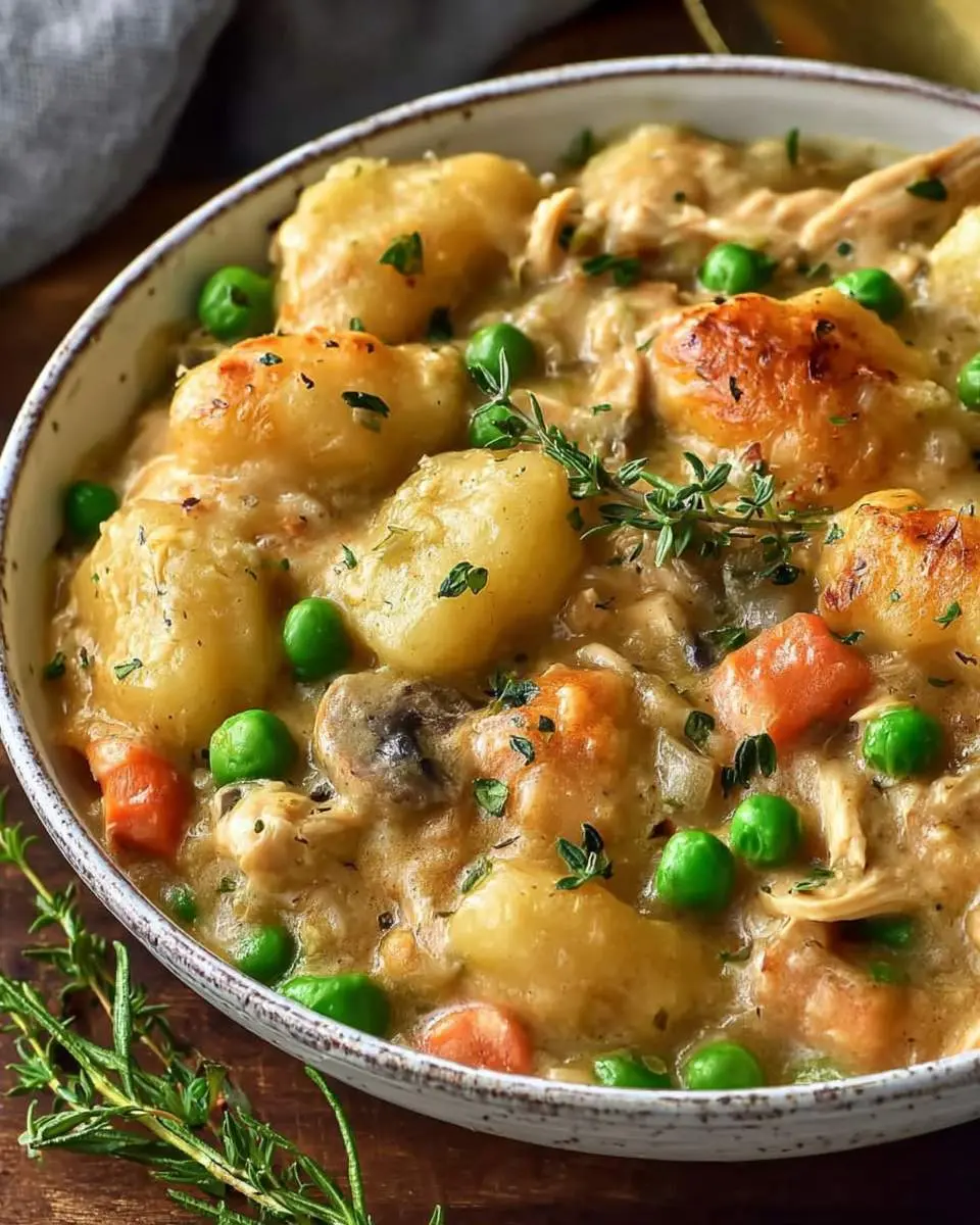 A creamy One Pot Gnocchi Chicken Pot Pie served in a rustic bowl with golden gnocchi, peas, carrots, and fresh thyme.