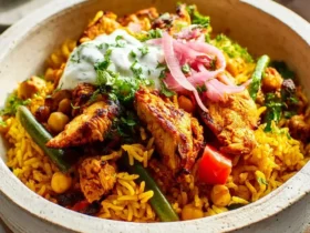 One Pot Shawarma Chicken Rice 44 One Pot Shawarma Chicken Rice served in a ceramic bowl with yogurt sauce, pickled onions, and fresh herbs.