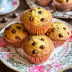 Freshly baked orange chocolate chip muffins stacked on a vintage floral plate with a teacup in the background.