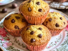 Freshly baked orange chocolate chip muffins stacked on a vintage floral plate with a teacup in the background.