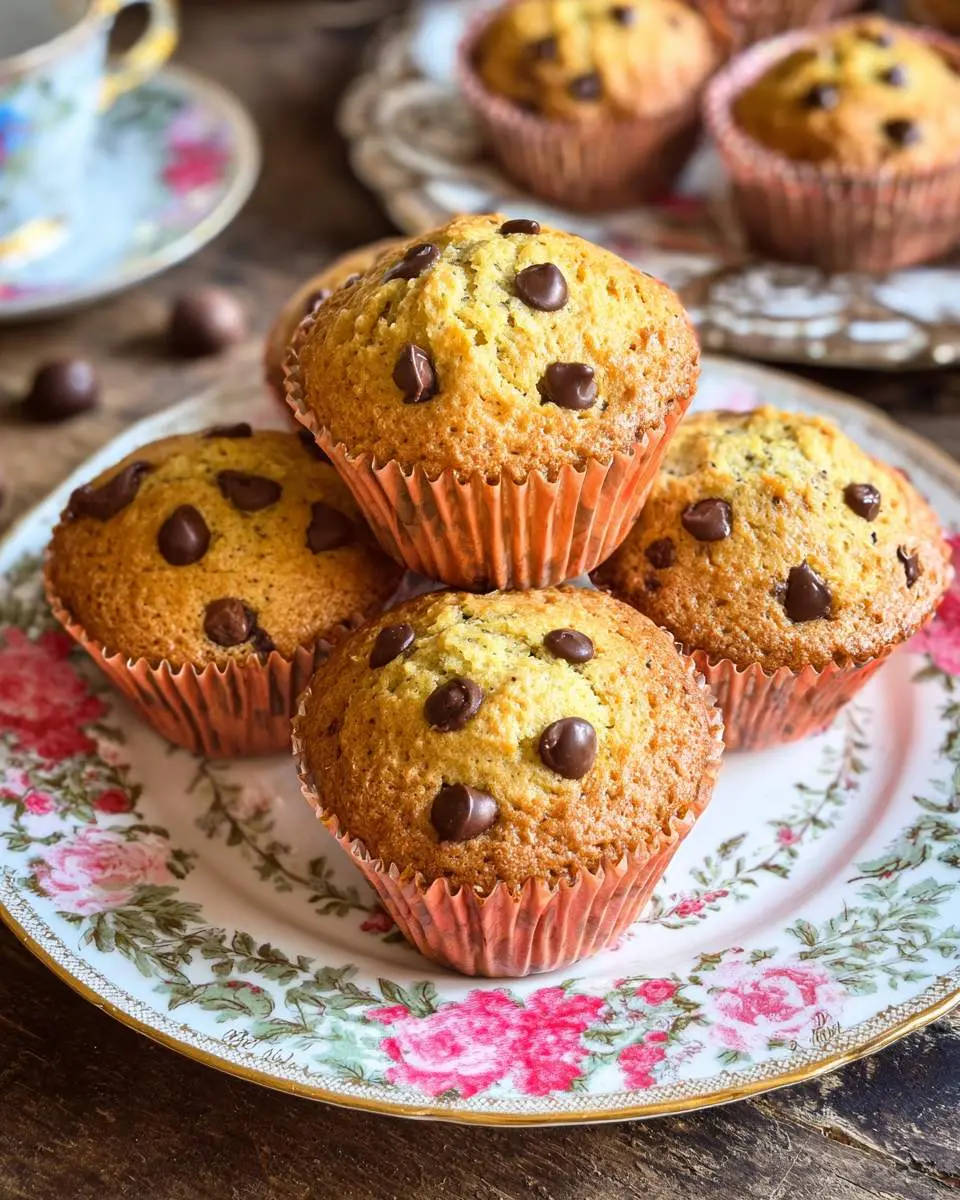 Freshly baked orange chocolate chip muffins stacked on a vintage floral plate with a teacup in the background.