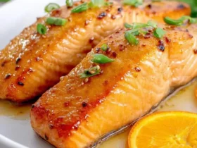 Orange Glazed Salmon 52 Two glazed salmon fillets topped with green onions and red pepper flakes, served with orange slices.