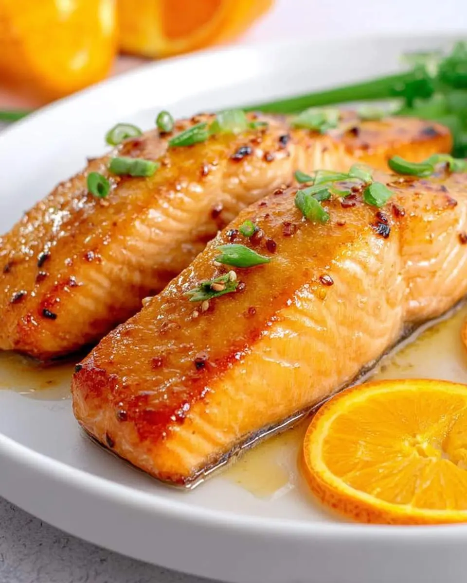 Two glazed salmon fillets topped with green onions and red pepper flakes, served with orange slices.