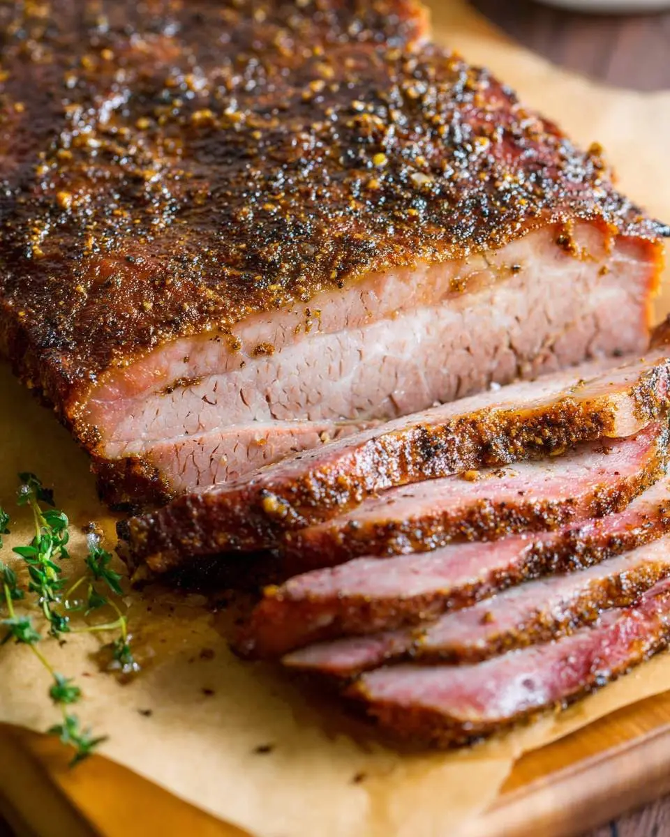 Sliced brisket showing smoke ring and juicy interior on wooden cutting board