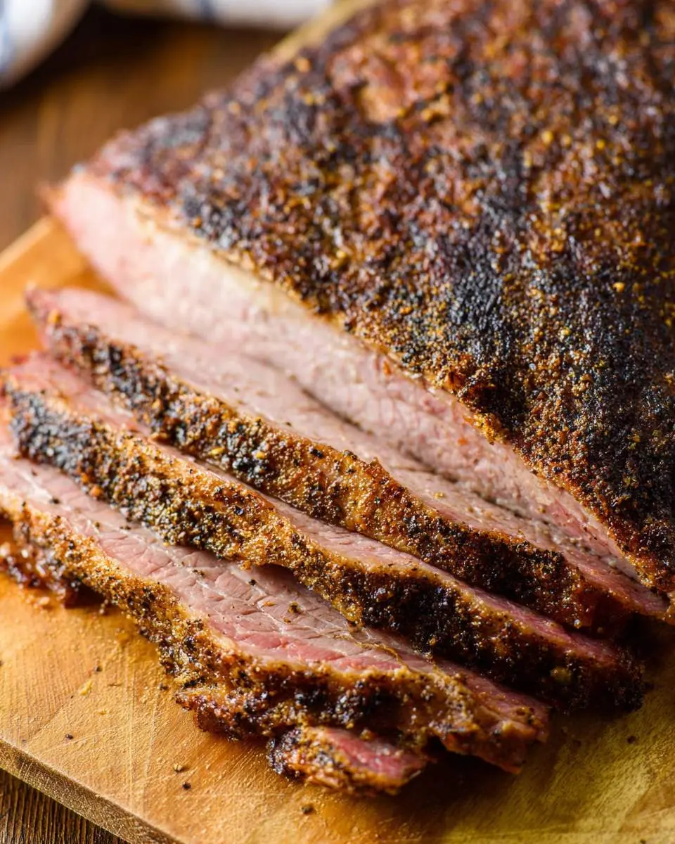 Oven baked Texas beef brisket ingredients and preparation with spice rub and raw brisket on cutting board