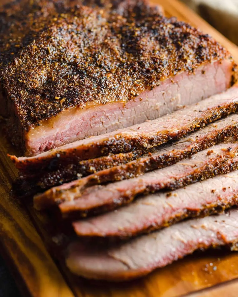 Sliced Oven Baked Texas Beef Brisket with a crispy seasoned bark and juicy pink interior on a wooden cutting board.