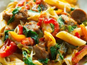 Pasta With Sausage And Veggies 50 A bowl of Pasta With Sausage And Veggies featuring penne, sliced sausage, bell peppers, and fresh spinach in a light sauce.