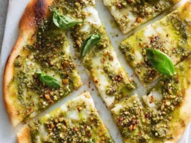 Freshly baked Pesto Pizza Recipe topped with basil leaves, pine nuts, and melted mozzarella, sliced into pieces.