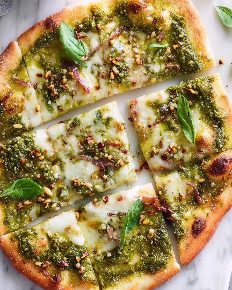Fresh basil pesto pizza ingredients arranged on marble countertop with pine nuts and parmesan