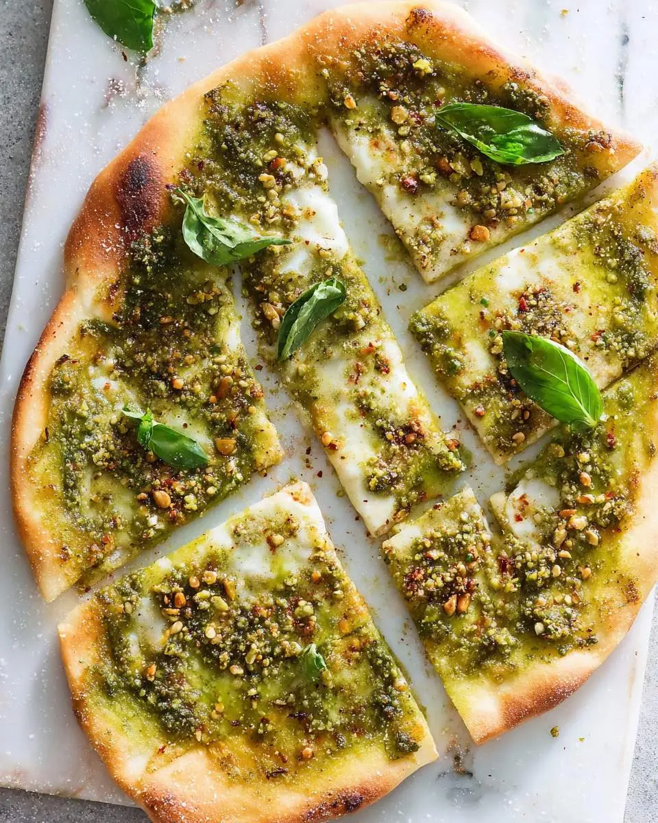Freshly baked Pesto Pizza Recipe topped with basil leaves, pine nuts, and melted mozzarella, sliced into pieces.