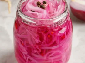 A glass mason jar filled with vibrant pink Pickled Red Onions topped with black peppercorns.