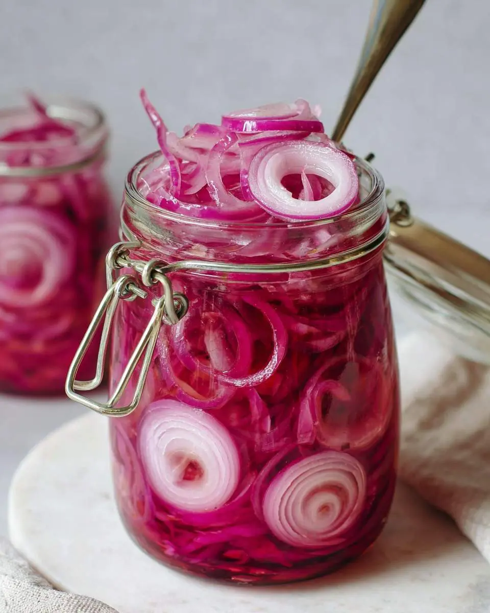Pickled Red Onions 25 sliced red onions and pickling ingredients arranged on a cutting board for pickled red onions