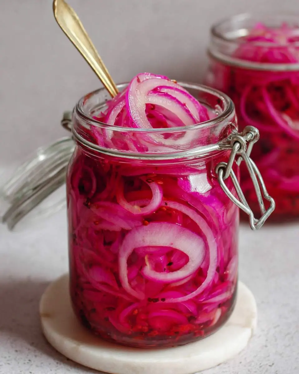 Pickled Red Onions 28 Glass jar filled with vibrant Pickled Red Onions, with a golden spoon lifting sliced rings from the brine.