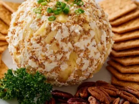Pineapple Cheese Ball 47 A Pineapple Cheese Ball coated in crushed nuts sits on a platter with crackers, pecans, and fresh parsley garnish.