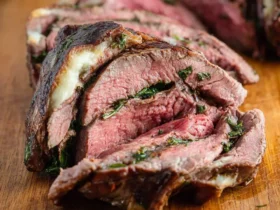 Sliced Pinwheel Flank Steak stuffed with spinach and cheese, displayed on a wooden cutting board.