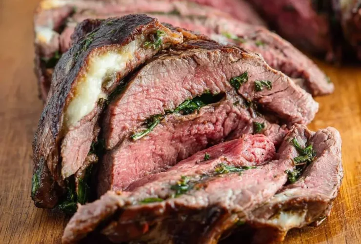 Sliced Pinwheel Flank Steak stuffed with spinach and cheese, displayed on a wooden cutting board.