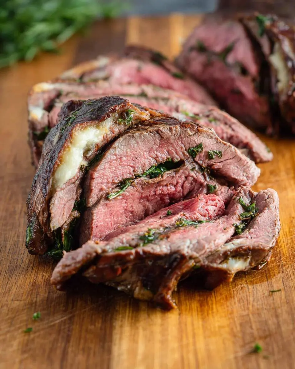 Sliced Pinwheel Flank Steak stuffed with spinach and cheese, displayed on a wooden cutting board.