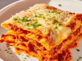 Ravioli Lasagna 47 A slice of Ravioli Lasagna on a white plate, topped with melted cheese and fresh herbs.