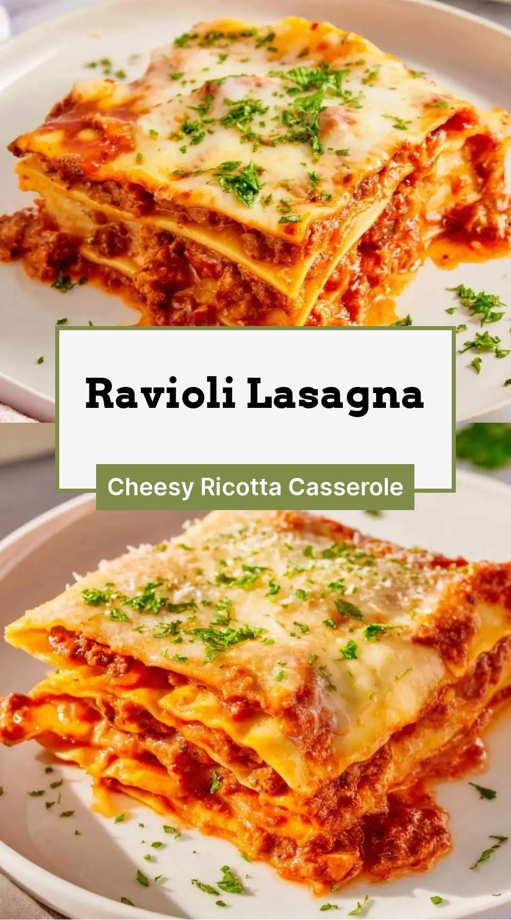 Ravioli Lasagna 27 golden baked ravioli lasagna in a ceramic dish with fresh basil garnish