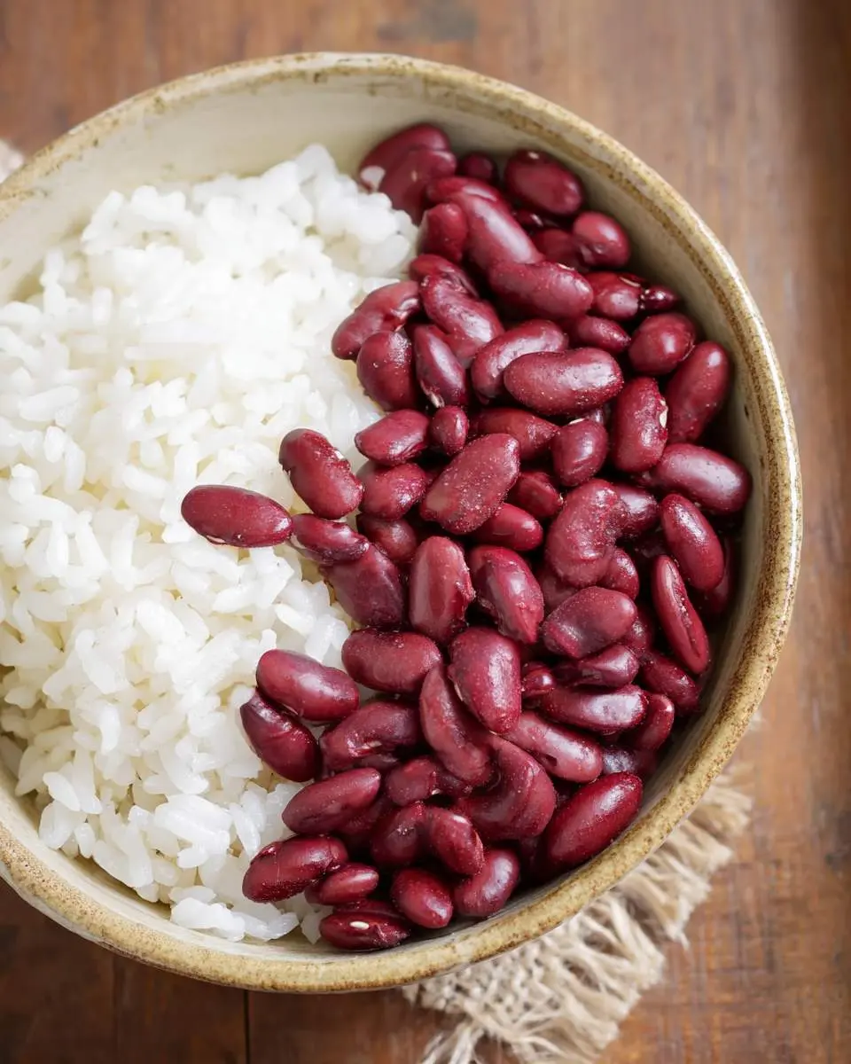 A rustic bowl filled with fluffy white rice and cooked red kidney beans, showcasing a classic Red Beans and Rice dish.