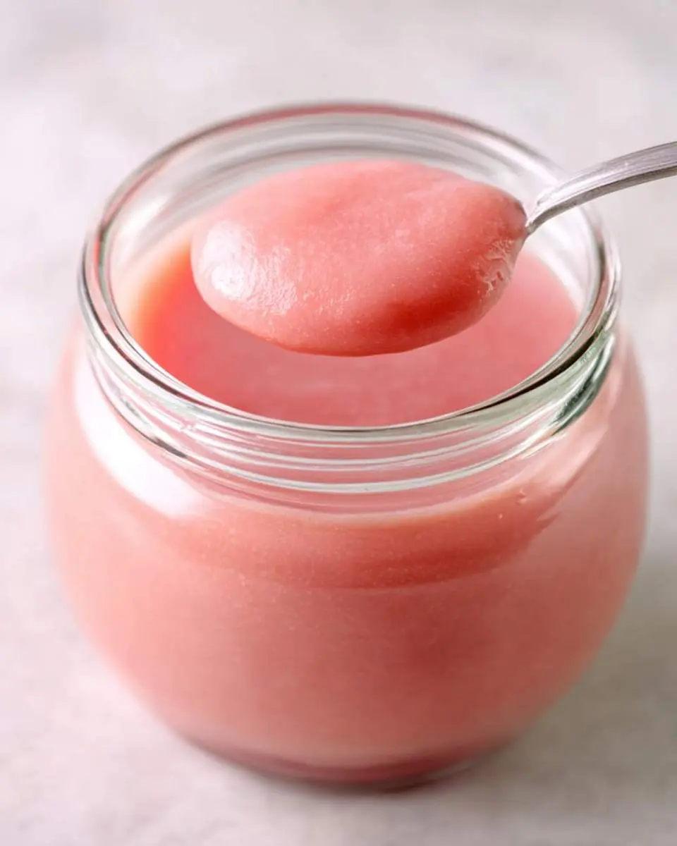 A spoon lifts smooth, pink rhubarb curd from a glass jar, showcasing its creamy texture and vibrant color.