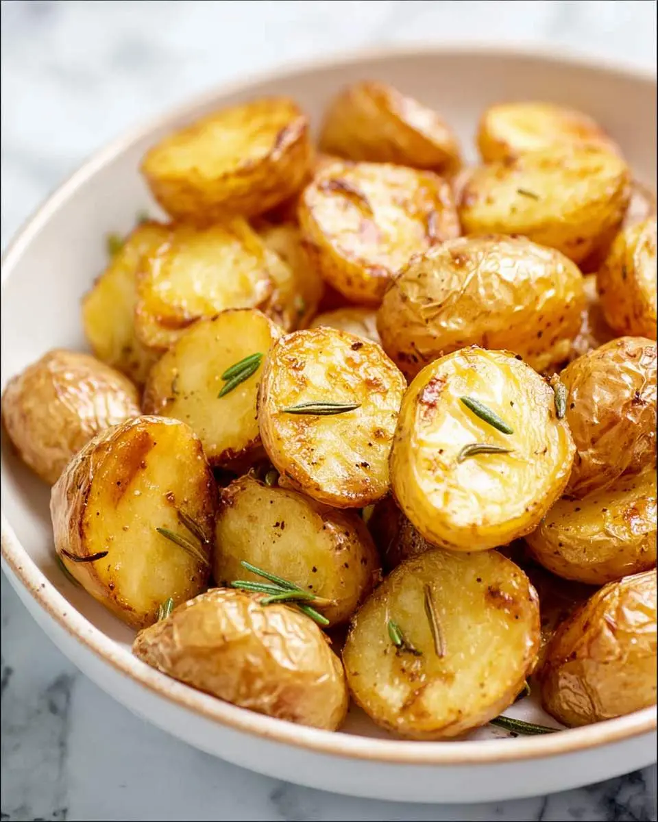 golden crispy roasted potatoes on a sheet pan fresh from the oven