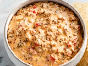 Creamy Rotel Dip Recipe served in a white bowl with tortilla chips on a marble surface.