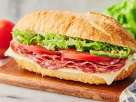 Salami Sandwich recipe 44 A fresh Salami Sandwich recipe with crusty bread, layered with cheese, tomatoes, lettuce, and cucumber on a wooden board.