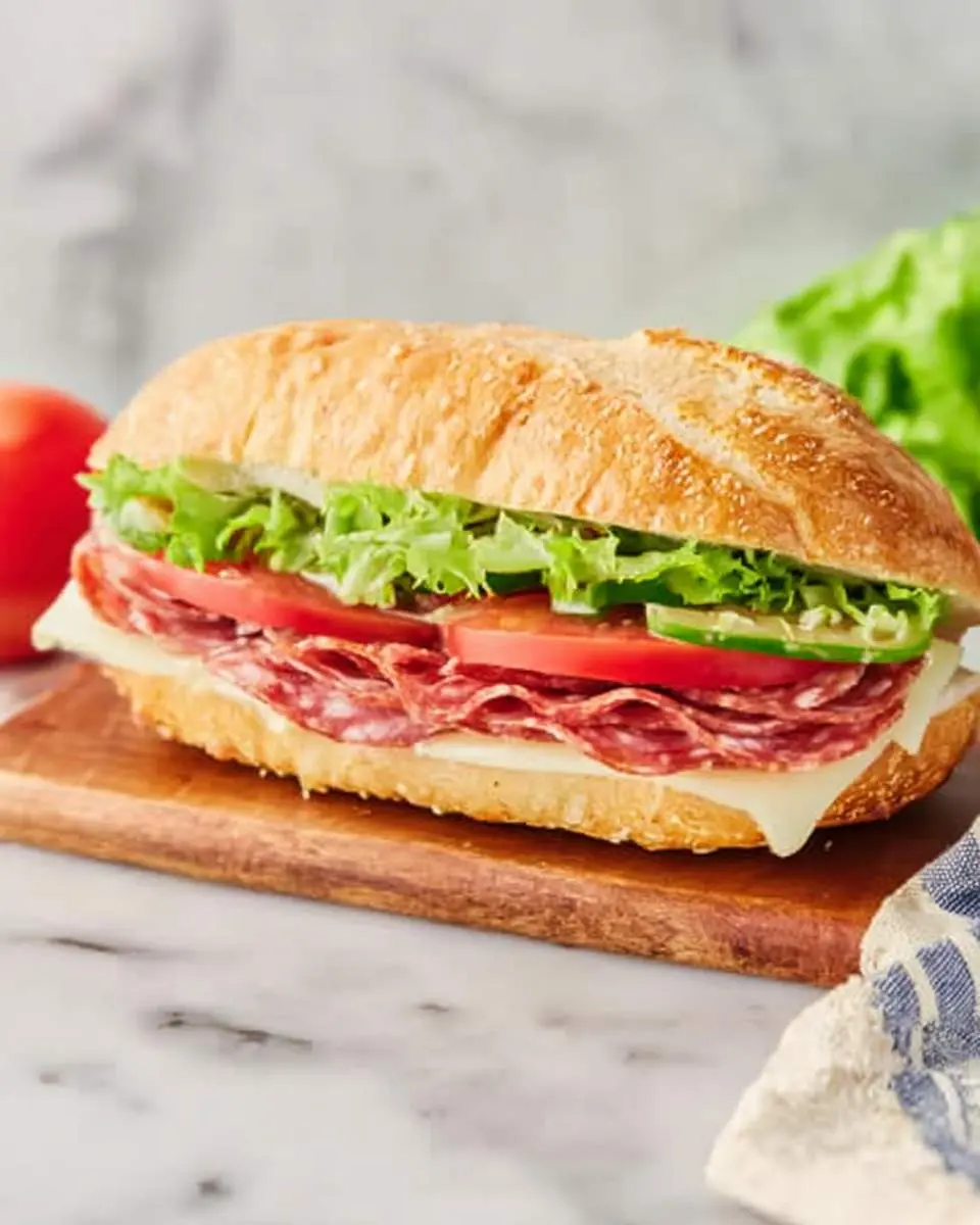 A fresh Salami Sandwich recipe with crusty bread, layered with cheese, tomatoes, lettuce, and cucumber on a wooden board.