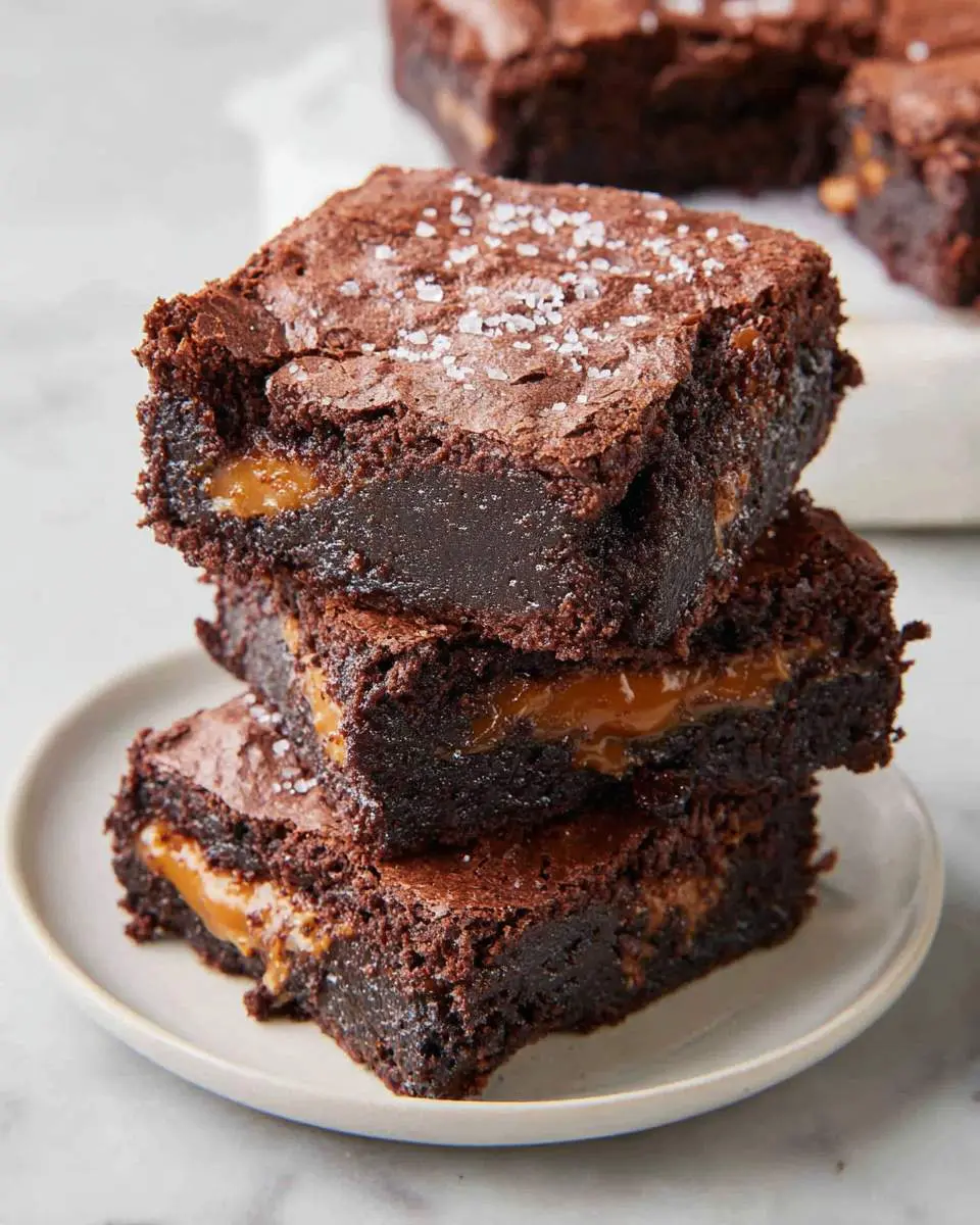 Salted caramel brownies ingredients arranged on a marble surface with caramel sauce and flaky sea salt